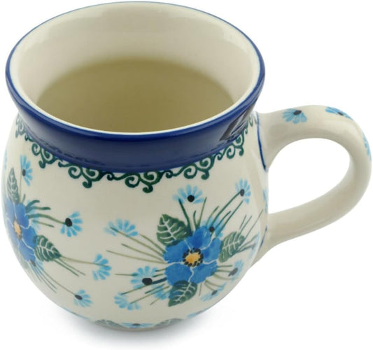 Authentic Polish Pottery Bubble Mug 12 oz Signature UNIKAT in Forget Me Not Design Handmade in Bolesławiec Poland by Ceramika Artystyczna + Certificate of Authenticity