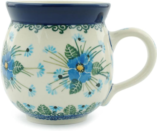 Authentic Polish Pottery Bubble Mug 12 oz Signature UNIKAT in Forget Me Not Design Handmade in Bolesławiec Poland by Ceramika Artystyczna + Certificate of Authenticity