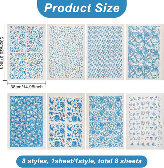 BENECREAT 8 Styles Ceramic Decals Blue and White Porcelain Ceramics Clay Transfer Paper, Pottery Underglaze Flower Paper for Pottery Enamel Decal, 15x21"