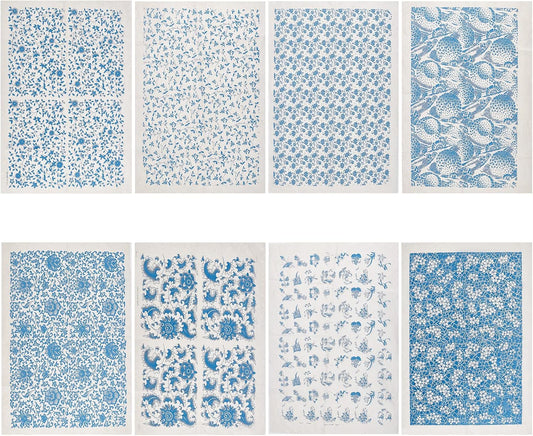 BENECREAT 8 Styles Ceramic Decals Blue and White Porcelain Ceramics Clay Transfer Paper, Pottery Underglaze Flower Paper for Pottery Enamel Decal, 15x21"